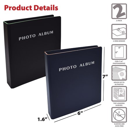Better Office Products 2-Ring Mini Hard Cover Photo Binder, Holds 36-4x6 Photos W/Clear Heavyweight Pocket Sleeves, 2PK 32110